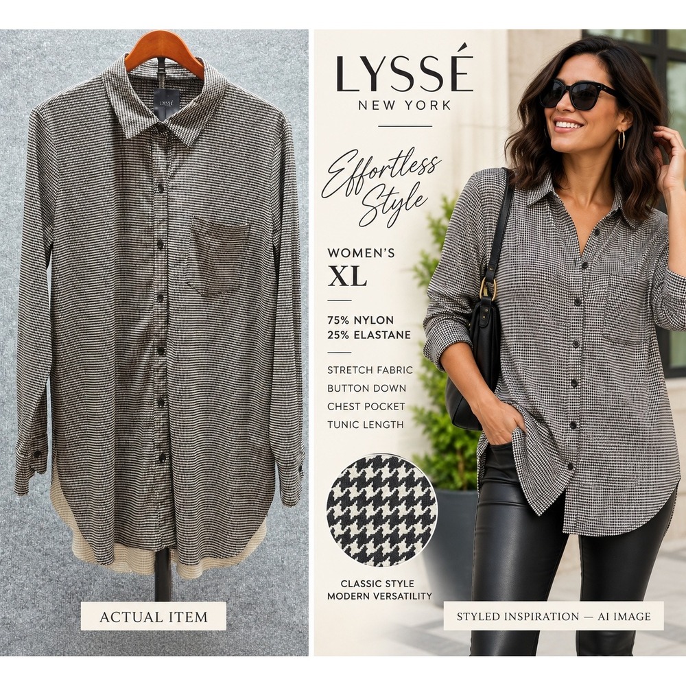 Lyssé Houndstooth Button Down Tunic Women XL Stretch Black White EUC Aesthetic